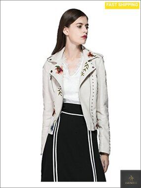Floral Embroidered Faux Leather Moto Jacket Zip Long Sleeve